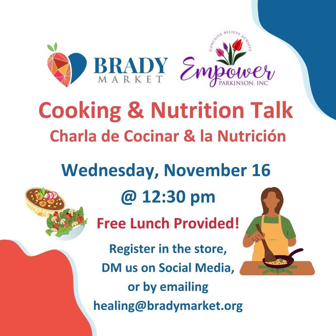 We are reviving the healing space with a Cooking & Nutrition talk offered in partnership with @empowerparkinson ! 

Please register in the store, DM us on Social Media, or by emailing healing@bradymarket.org

#HopeHealthHealing
#morethanamarket 
#whatscooking